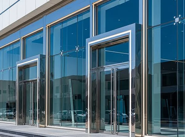 واجهة محل زجاجية بإطارات معدنية وأبواب